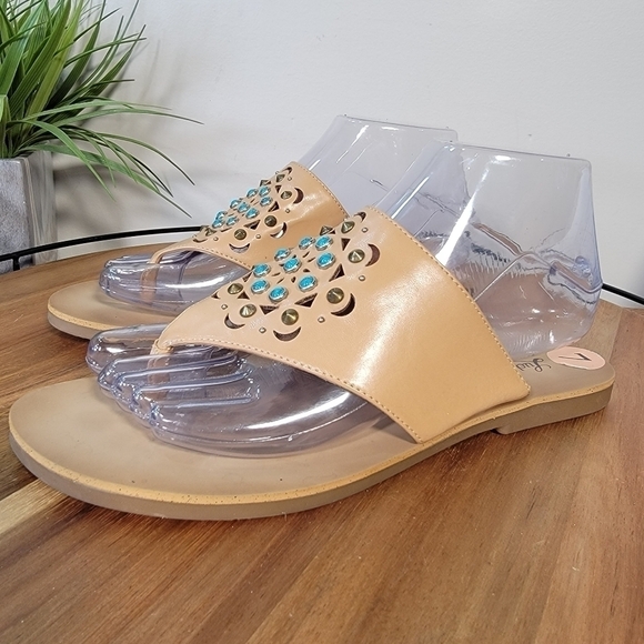 Lucky Brand 'Breese' Sandal Tan Thong with turquoise embellishments boho Size 7 - Picture 7 of 15